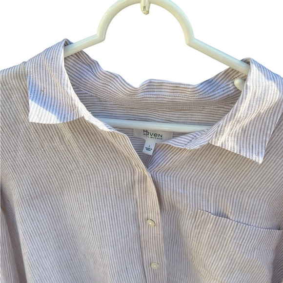 Haven Well Within NWOT 100% linen white tan striped button down oversized shirt - Picture 3 of 12